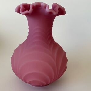 Vintage FENTON Pink Satin Vase: Ruffled Top, Drapery Embossed Pattern
